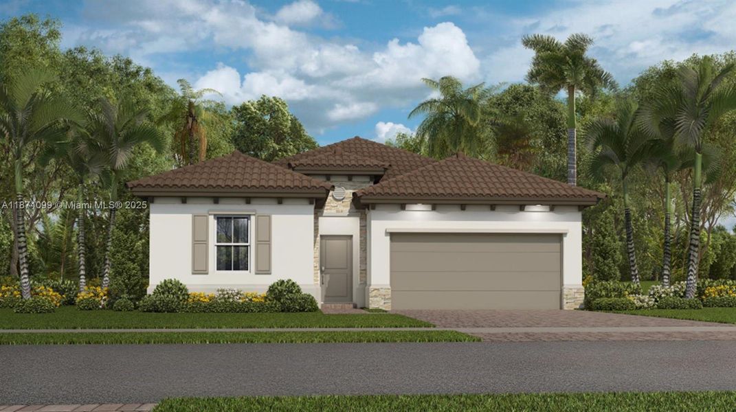 Front exterior of a new home in Altamira: Malaga Collection, Homestead, FL, highlighting curb appeal (Image 1).