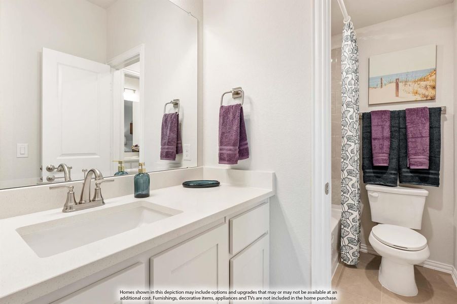 Bathroom with white vanity, single sink, large mirror, and separate toilet area with shower curtain Bathroom with white vanity, single sink, large mirror, and separate toilet area with shower curtain