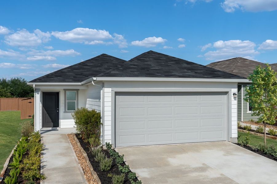 Representative exterior photo of a completed home built from the Plan 1043 Modeled by KB Home in Southton Cove, Elmendorf, TX (Image 9). Representative exterior photo of a completed home built from the Plan 1043 Modeled by KB Home in Southton Cove, Elmendorf, TX (Image 9).