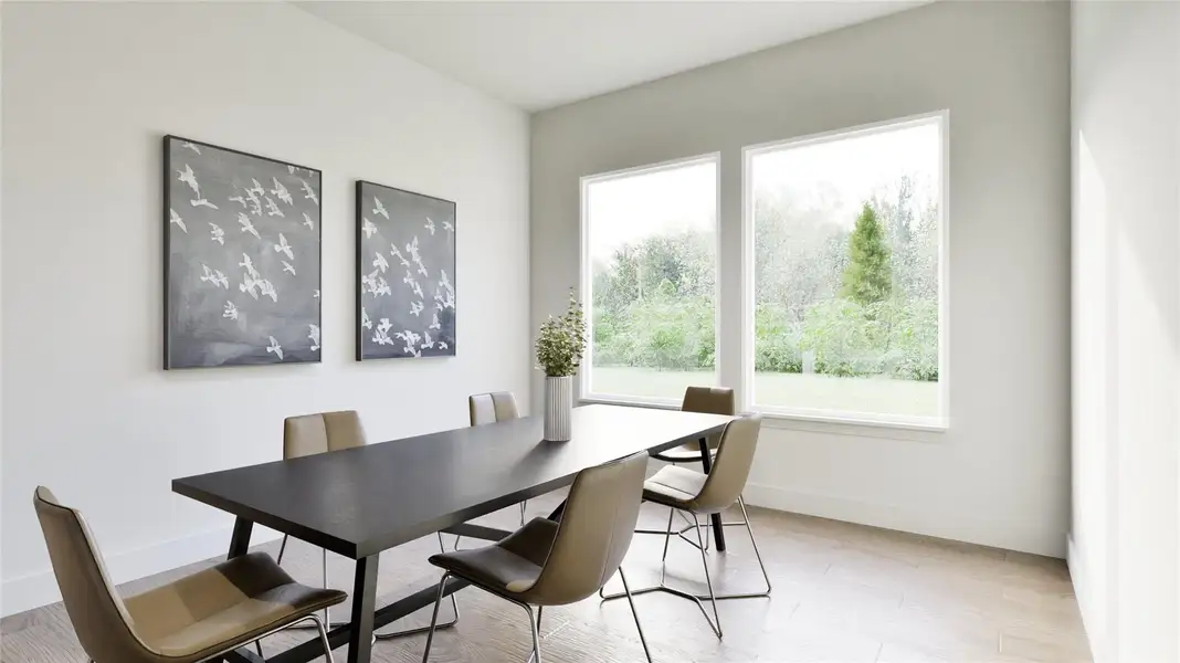 The dining room fits a large table with six chairs.