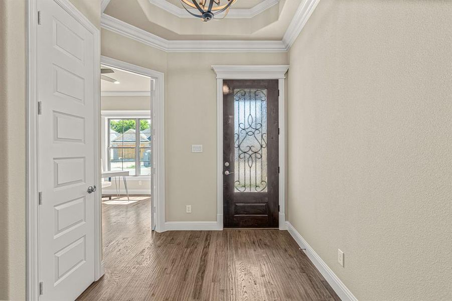 Foyer entrance featuring a raised ceiling, crown molding, and hardwood / wood-style floors