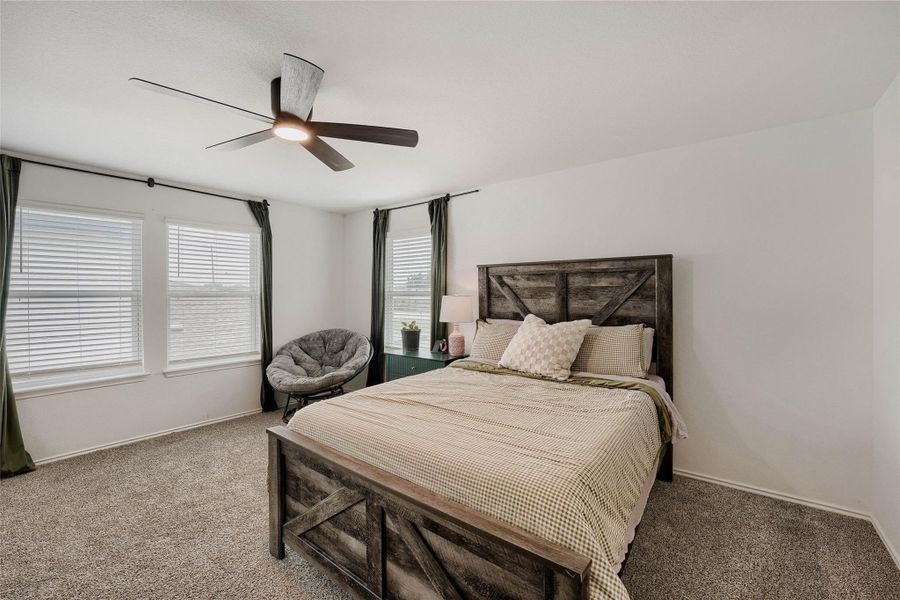 Spacious room with plush gray carpeting, white walls, and three windows featuring white blinds and dark green drapes Spacious room with plush gray carpeting, white walls, and three windows featuring white blinds and dark green drapes