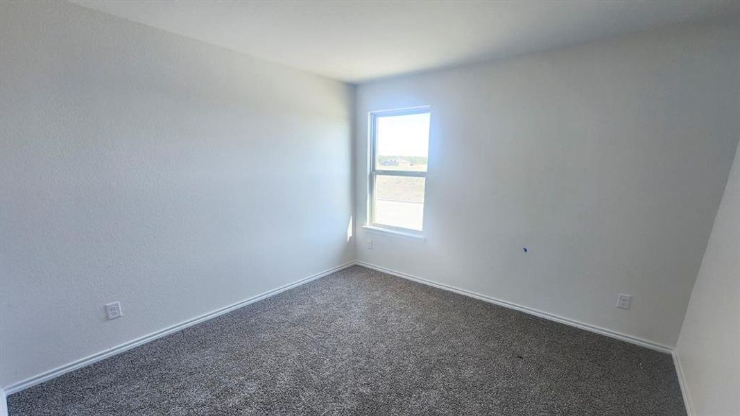 Neutral wall paint with textured finish, light grey carpeting, white baseboards, and a single window providing natural illumination