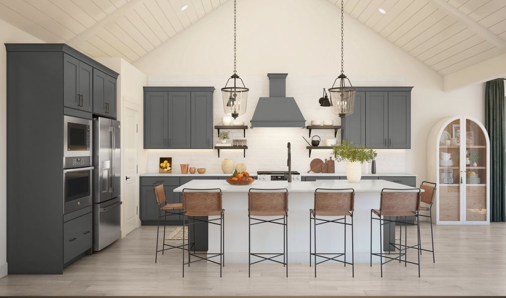 Kitchen with vaulted ceiling, shiplap detailing and floating shelves Kitchen with vaulted ceiling, shiplap detailing and floating shelves