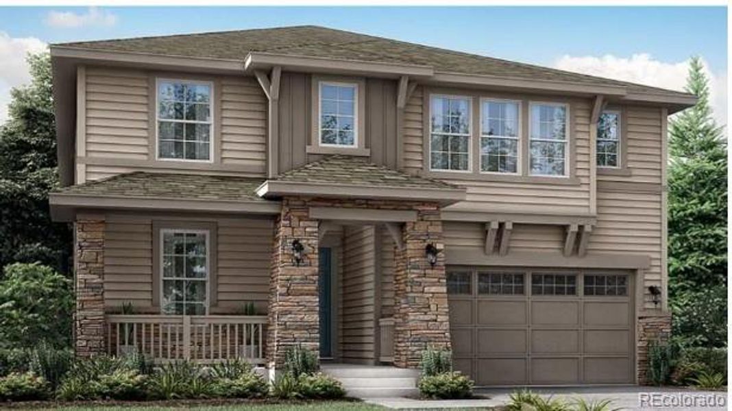 Front exterior of a new home in Willow Bend: The Monarch Collection, Thornton, CO, highlighting curb appeal (Image 1).