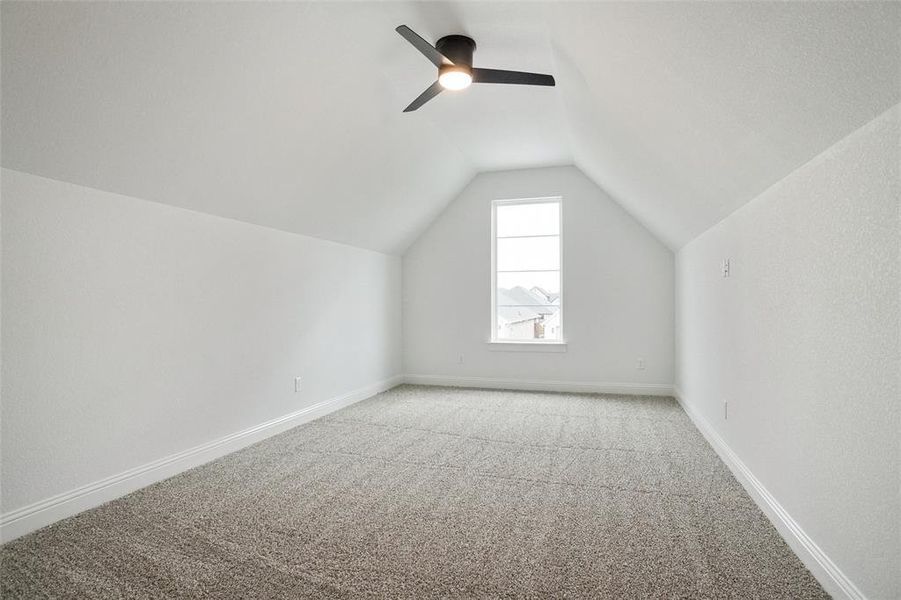 Additional living space with carpet floors, vaulted ceiling, and ceiling fan