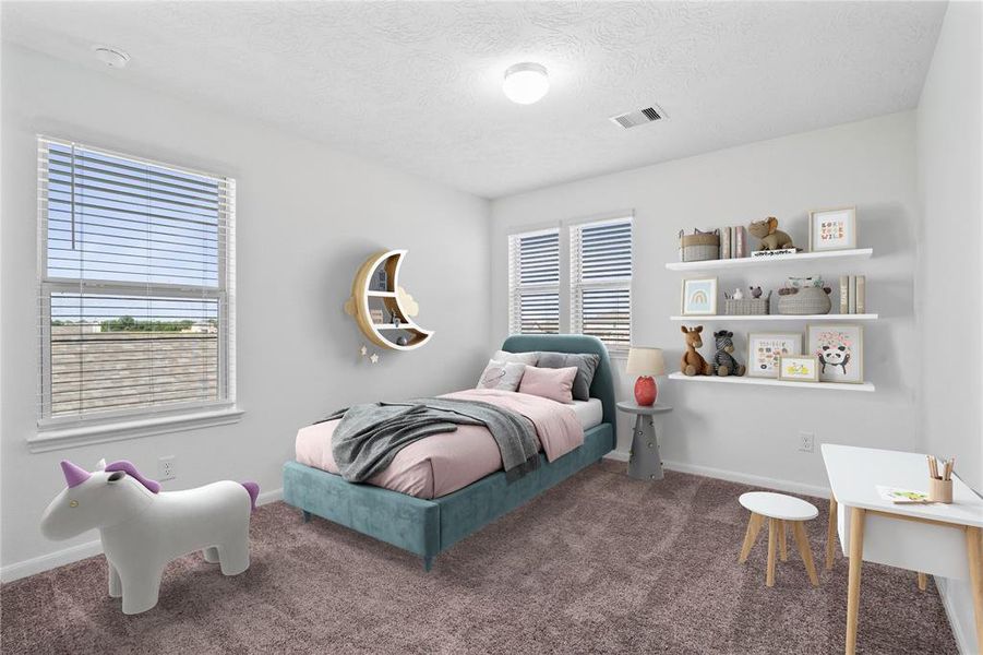 Secondary bedroom features plush carpet, neutral paint, lighting, large window with privacy blinds and ample sized closet space.