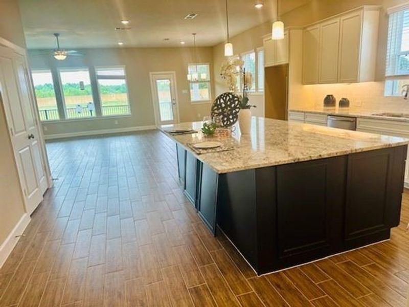 Wood look tile floors for low maintenance and 10 ft ceilings and lots of windows across rear of home!