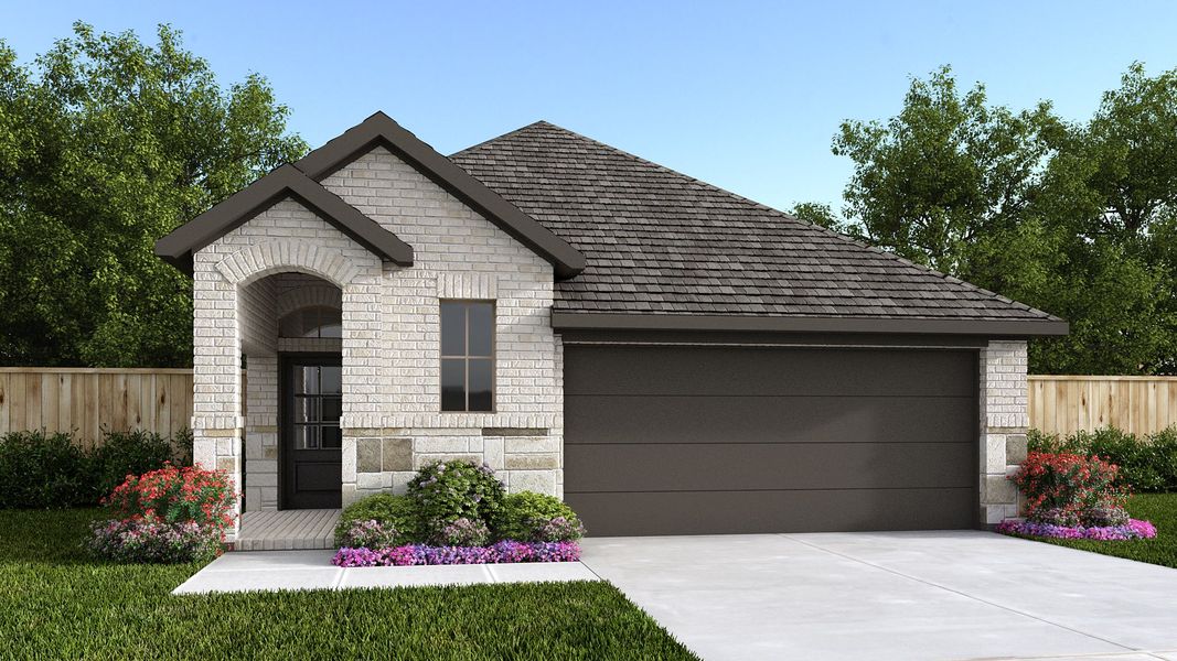 Representative exterior photo of a completed home built from the 1650W by Perry Homes in Santa Rita Ranch Tierra Rosa, Liberty Hill, TX (Image 2).