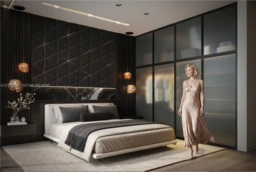 Textured dark accent wall with geometric paneling, integrated stone backsplash, built-in floor-to-ceiling frosted glass wardrobe cabinetry, and recessed ceiling lighting