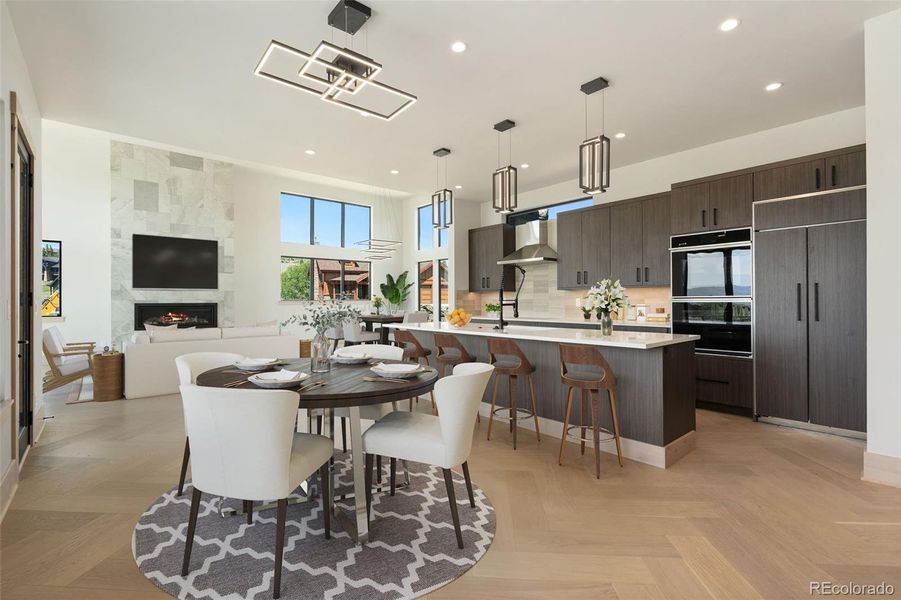 Gracious open kitchen eating space digitally staged