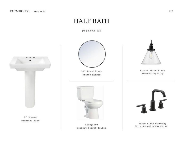 Farmhouse Look Palette 5: Half Bath Selection Sheet (*Artist rendering used for illustration purposes only.)