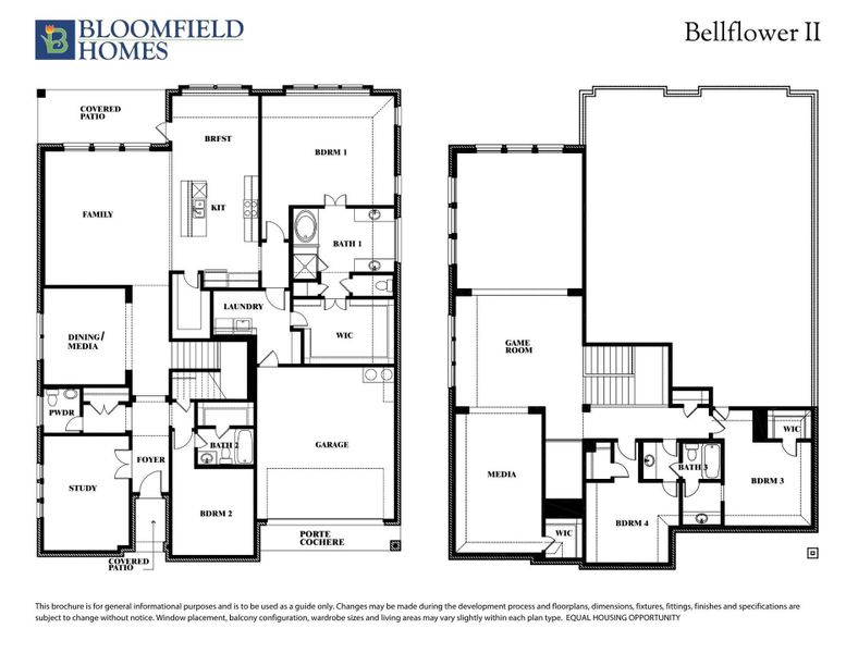 Bloomfield Homes Bellflower II two-story floor plan with four bedrooms, game room, media room, and covered patio. Bloomfield Homes Bellflower II two-story floor plan with four bedrooms, game room, media room, and covered patio.