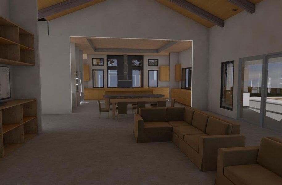 Carpeted living room with high vaulted ceiling and a wooden ceiling with exposed beams