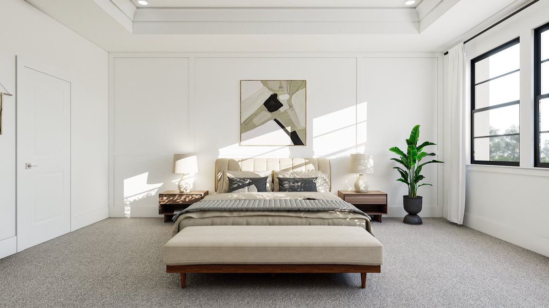 Primary suite with decorative feature wall and plush carpeting