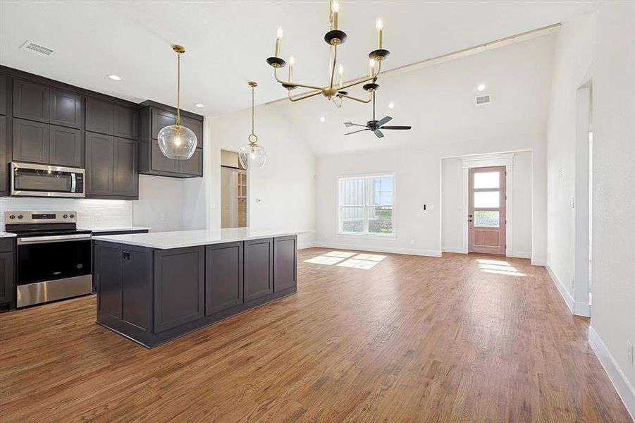 Kitchen with a center island, hardwood / wood-style floors, stainless steel appliances, decorative light fixtures, and high vaulted ceiling