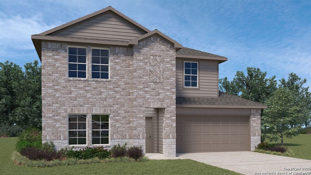 Front exterior of a new home in Brookstone Creek, San Antonio, TX, highlighting curb appeal (Image 1).