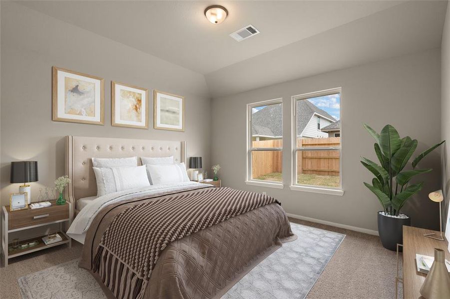 The primary bedroom is generously sized, creating a tranquil and spacious retreat that offers ample room for relaxation. Featuring plush carpet, high ceilings, fresh paint, and large windows that lets in natural lighting throughout the day.