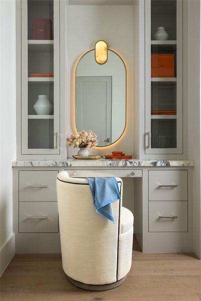 A built-in vanity with a lighted mirror adds the perfect finishing touch. A built-in vanity with a lighted mirror adds the perfect finishing touch.