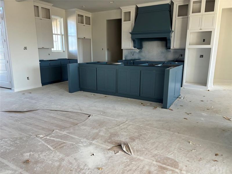 Kitchen featuring white cabinets, decorative backsplash, ornamental molding, and premium range hood