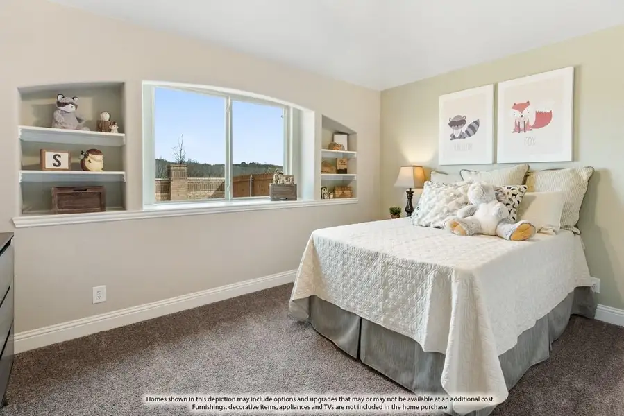 Children's bedroom with built-in shelves, arched window, carpet flooring, and animal-themed wall art above the bed.