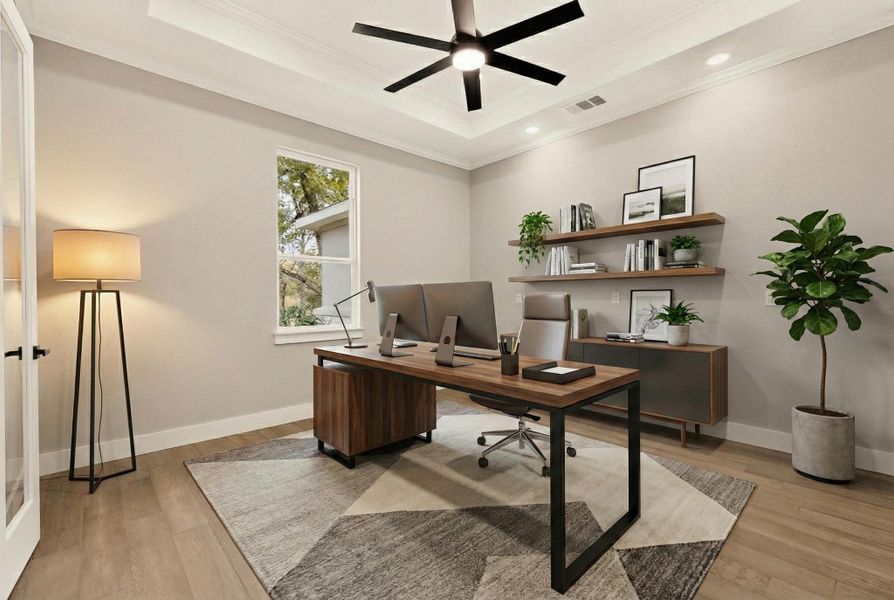 Office area featuring wood flooring, crown molding, a ceiling fan, and recessed lighting, virtually staged Office area featuring wood flooring, crown molding, a ceiling fan, and recessed lighting, virtually staged