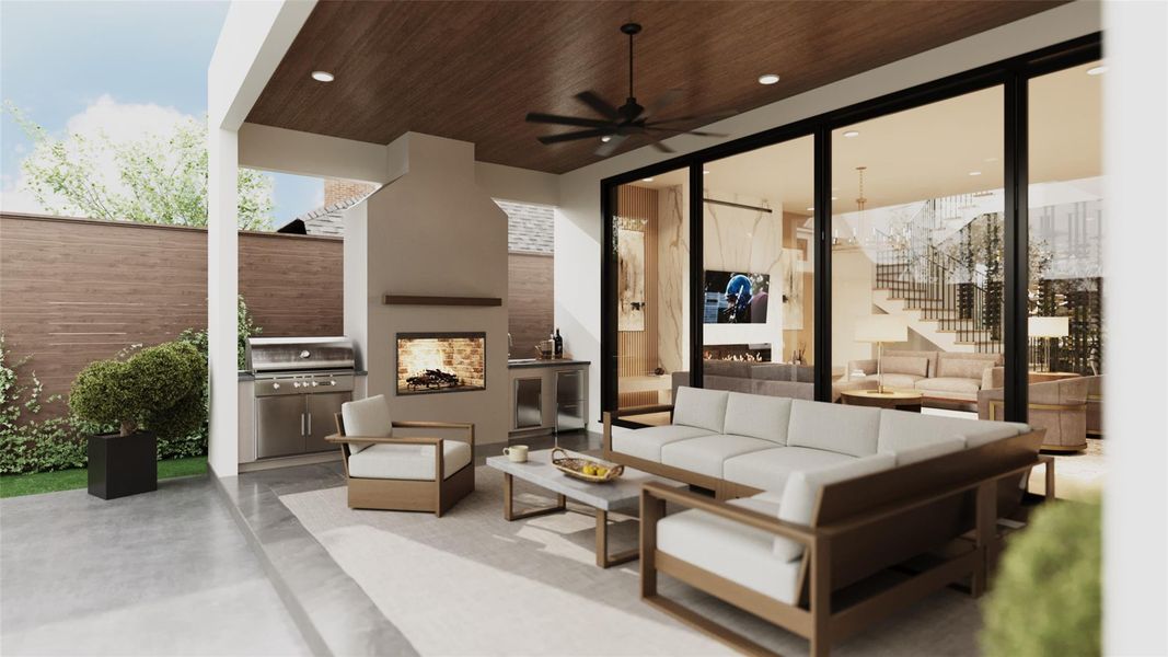 Rendering-Covered patio and fireplace. Rendering-Covered patio and fireplace.
