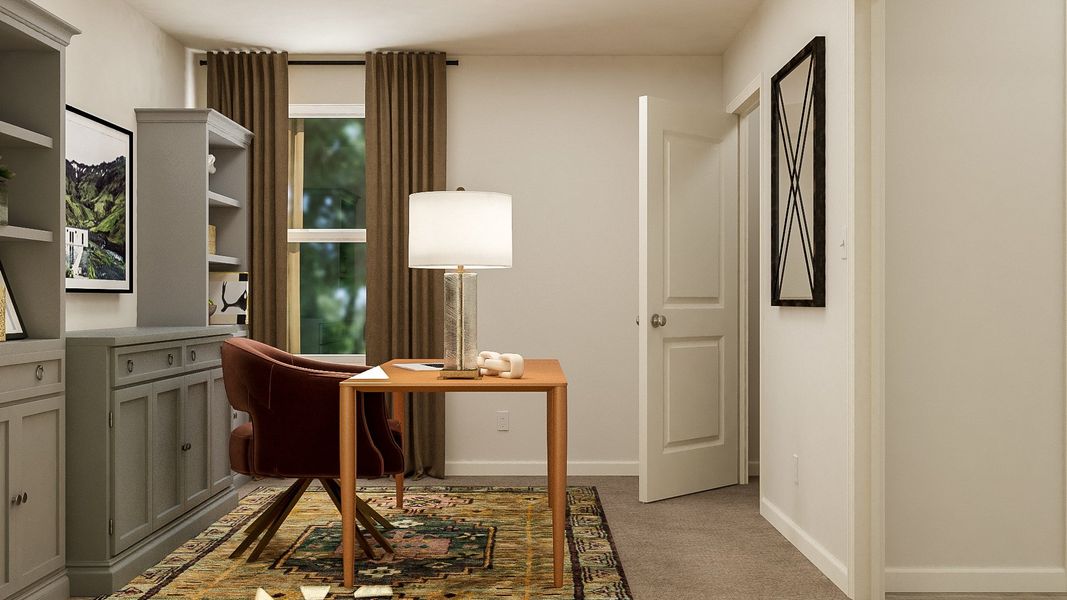 A room with a desk and a lamp.