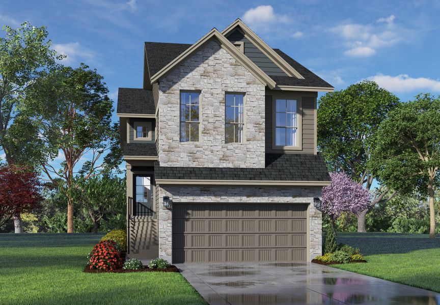 Front exterior of a new home in Meridiana, Manvel, TX, highlighting curb appeal (Image 26).