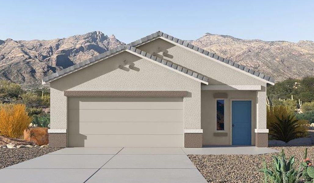 Front exterior of a new home in Hanson Ridge, Vail, AZ, highlighting curb appeal (Image 1). Front exterior of a new home in Hanson Ridge, Vail, AZ, highlighting curb appeal (Image 1).