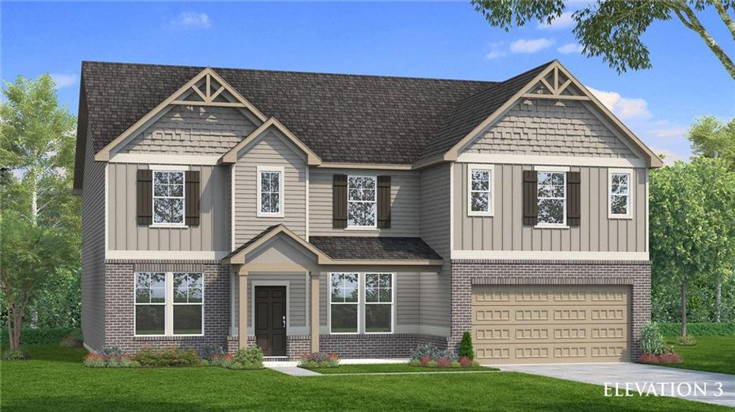 Front exterior of a new home in Brighton, Locust Grove, GA, highlighting curb appeal (Image 1). Front exterior of a new home in Brighton, Locust Grove, GA, highlighting curb appeal (Image 1).