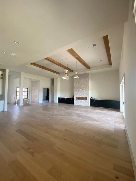 Unfurnished living room with hardwood / wood-style flooring and a raised ceiling