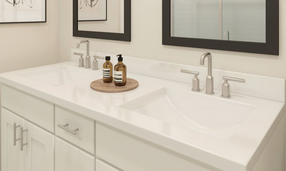 Primary bath with rectangular sinks and chrome fixtures