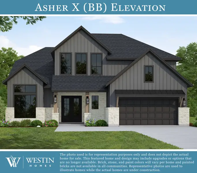 Front exterior of a new home in Austin Point - 60', Richmond, TX, highlighting curb appeal (Image 1).