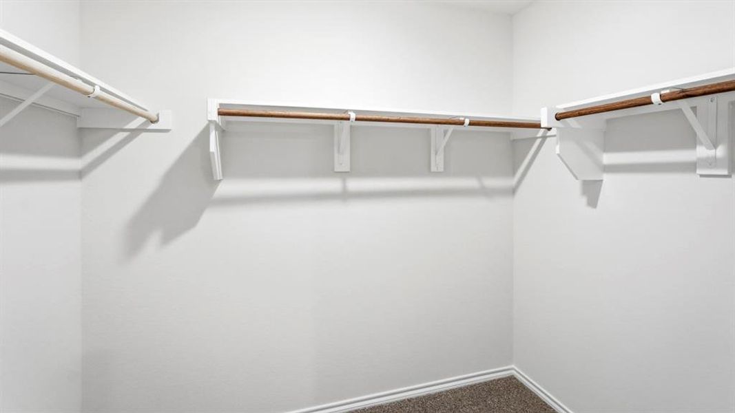 Walk in closet featuring dark colored carpet Walk in closet featuring dark colored carpet