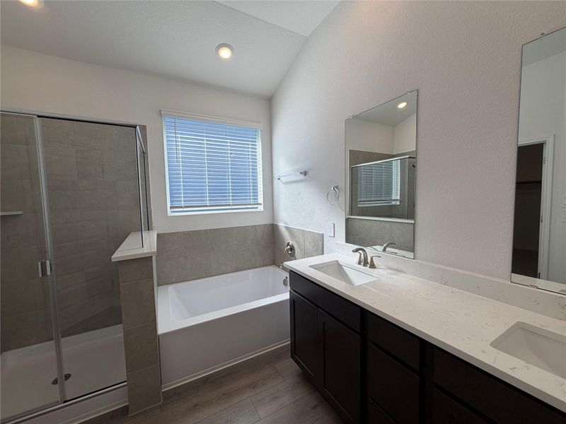 Full bath featuring dark wood finished floors, a garden tub, a shower stall, double vanity, and vaulted ceiling