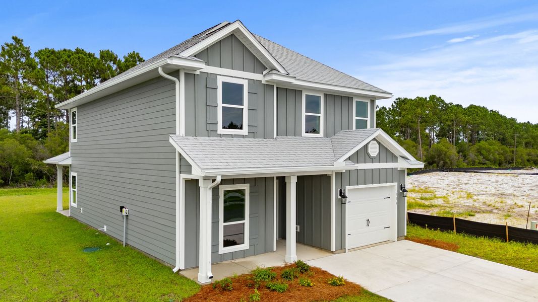 Representative exterior photo of a completed home built from the The Alabaster by D.R. Horton in Buffer Farms, Port Saint Joe, FL (Image 2). Representative exterior photo of a completed home built from the The Alabaster by D.R. Horton in Buffer Farms, Port Saint Joe, FL (Image 2).