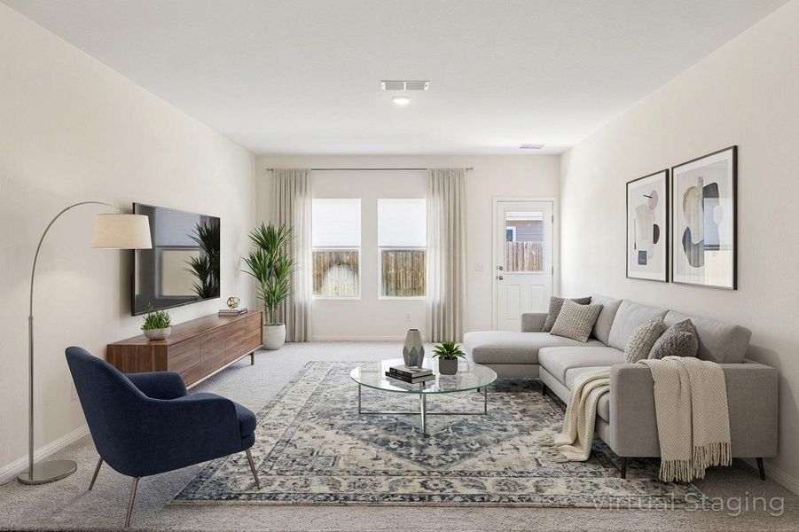 Living room with light carpet