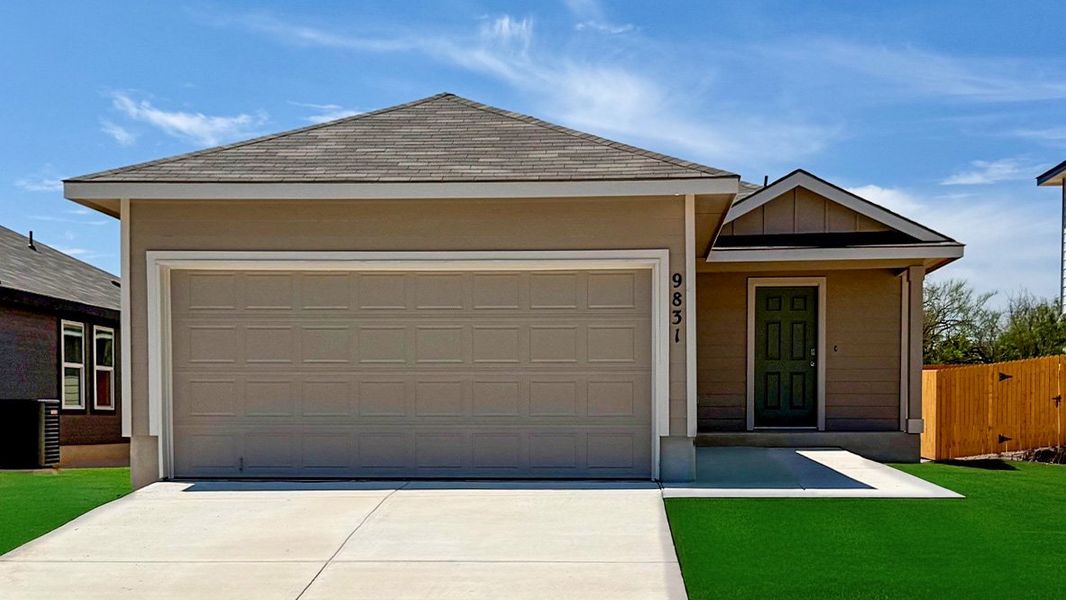Front exterior of a new home in Lucero, San Antonio, TX, highlighting curb appeal (Image 1).