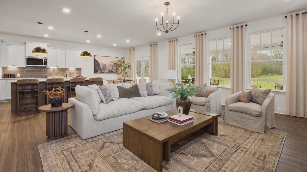 Townsend home plan open concept living space/family room connected with kitchen and breakfast area