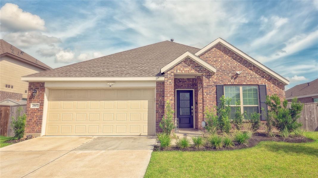 Front exterior of a new home in Walnut Creek at Stone Creek: Wildflower II Collection, Rosenberg, TX, highlighting curb appeal (Image 1). Front exterior of a new home in Walnut Creek at Stone Creek: Wildflower II Collection, Rosenberg, TX, highlighting curb appeal (Image 1).