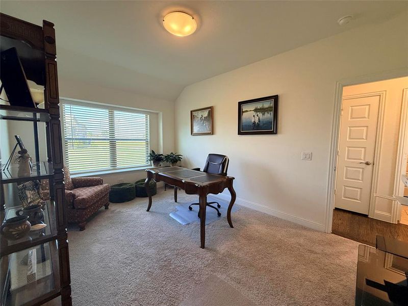 Carpeted interior space featuring a large window with horizontal blinds, a ceiling-mounted light fixture, white painted walls, and a five-panel interior door with a lever handle Carpeted interior space featuring a large window with horizontal blinds, a ceiling-mounted light fixture, white painted walls, and a five-panel interior door with a lever handle