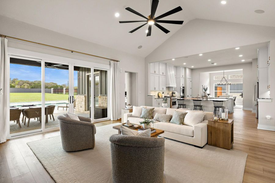 Light-filled living area with modern lighting and beautiful finishes.