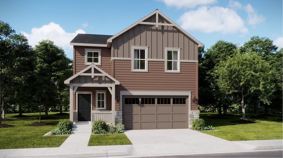 Front exterior of a new home in Muegge Farms, Bennett, CO, highlighting curb appeal (Image 1). Front exterior of a new home in Muegge Farms, Bennett, CO, highlighting curb appeal (Image 1).