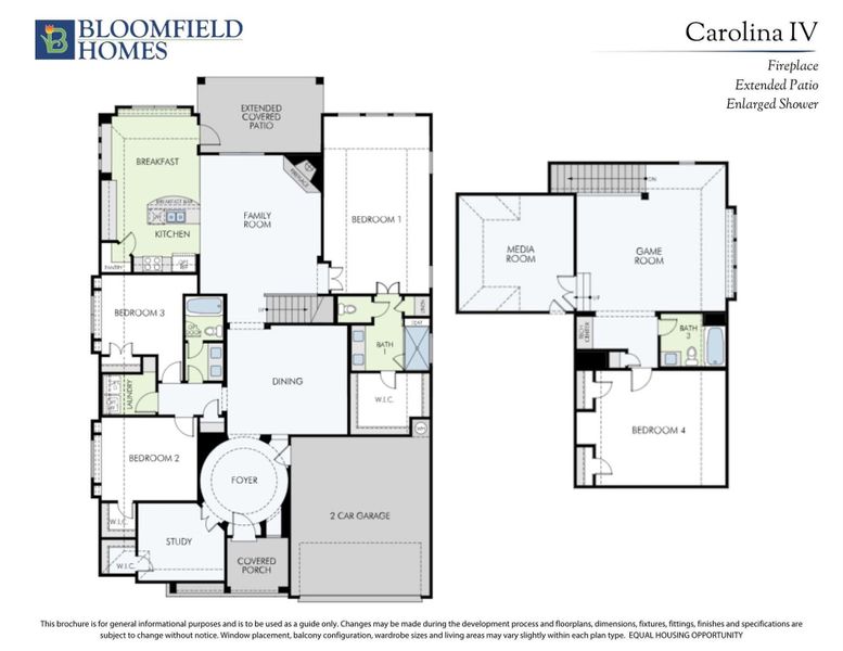 Bloomfield Homes Carolina IV floor plan with four bedrooms, family room, media room, game room, and two-car garage. Bloomfield Homes Carolina IV floor plan with four bedrooms, family room, media room, game room, and two-car garage.