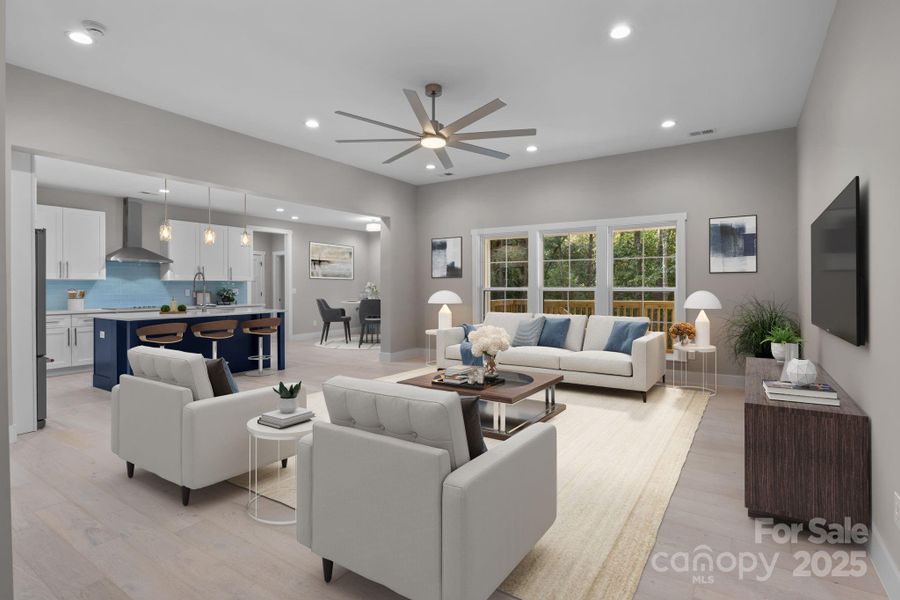 Virtually staged to showcase the great room's spacious layout, natural light, and versatile design potential for comfortable living and entertainment.