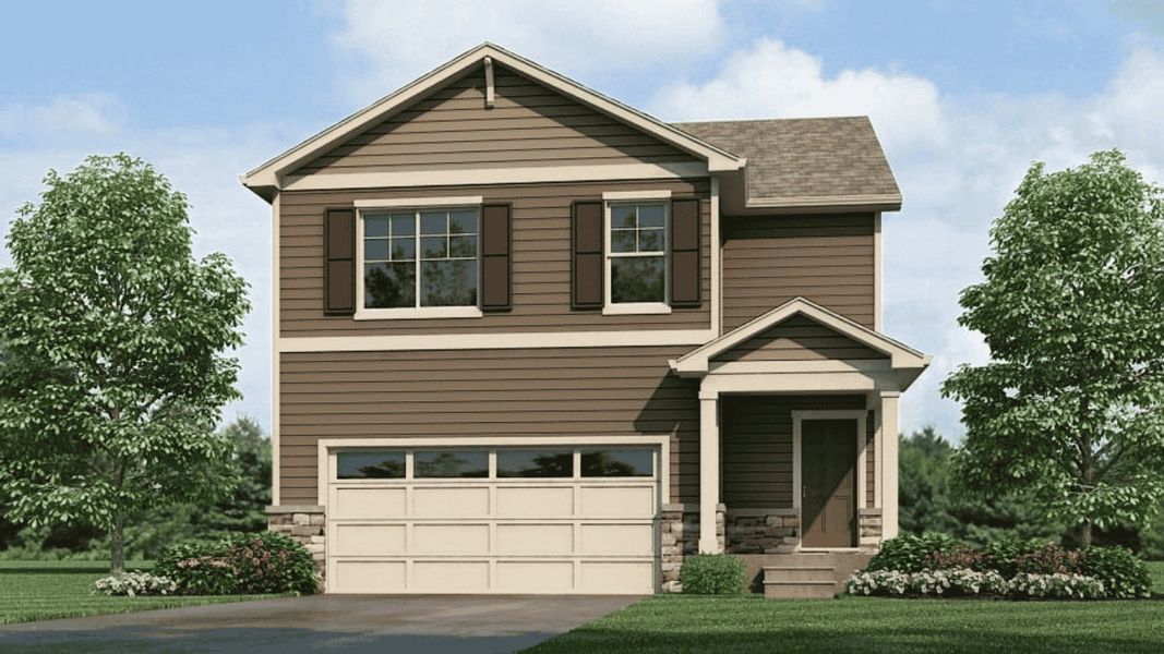 Front exterior of a new home in Prairie Song, Windsor, CO, highlighting curb appeal (Image 1). Front exterior of a new home in Prairie Song, Windsor, CO, highlighting curb appeal (Image 1).