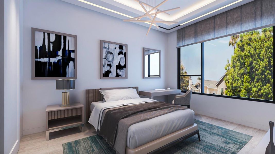This modern bedroom features a large window with a view of greenery, offering ample natural light. It includes a cozy bed, stylish artwork, and a sleek desk area, complemented by contemporary lighting and decor. Virtually staged. This modern bedroom features a large window with a view of greenery, offering ample natural light. It includes a cozy bed, stylish artwork, and a sleek desk area, complemented by contemporary lighting and decor. Virtually staged.