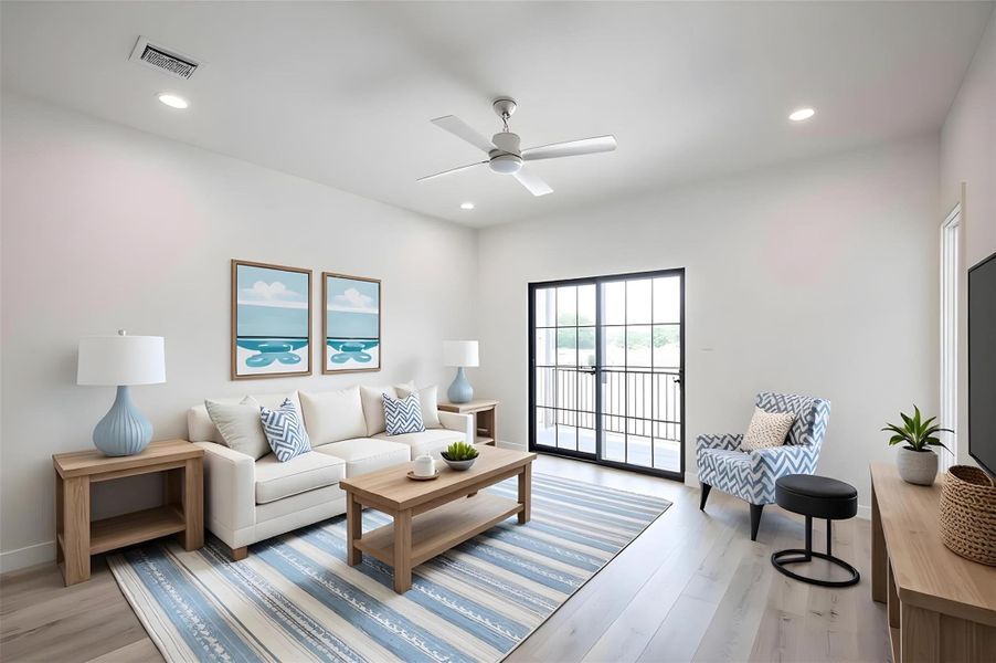 Bright and spacious living room with abundant natural light and private balcony access. [virtual stage]