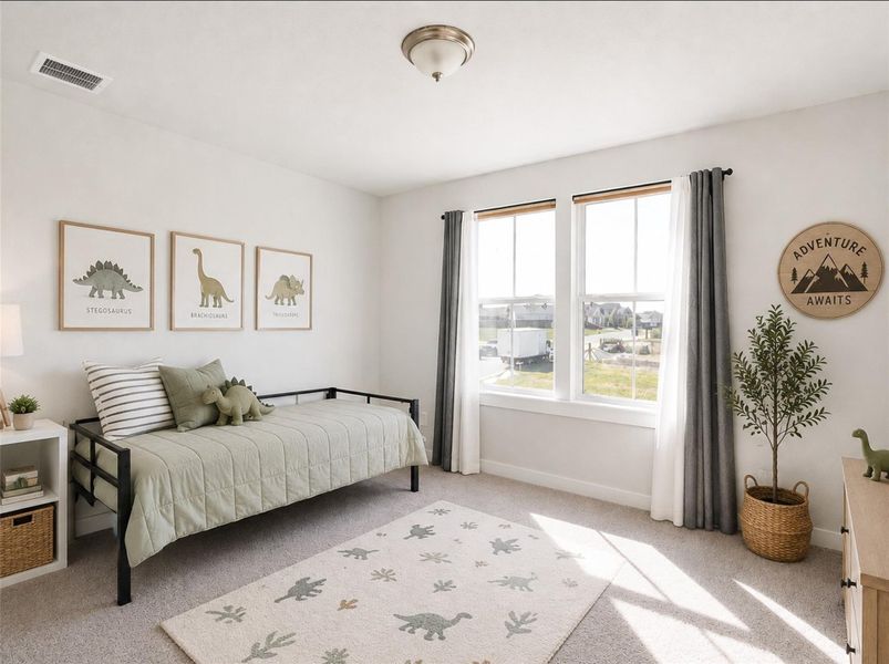 Natural light streams through multiple windows onto the soft carpeted floor. Natural light streams through multiple windows onto the soft carpeted floor.